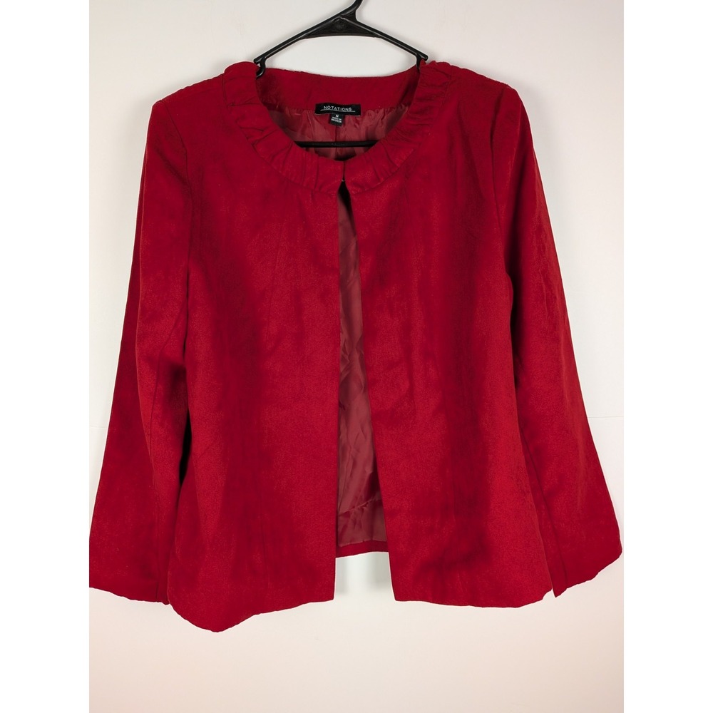 Women Red Blazer Lined Notations Size M Polyester  Long Sleeve Shoulder Pads